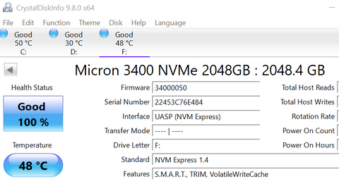 Micron 2TB NVMe SSD MTFDKBA2T0TFH Gen4 PCIe M.2 2280 High Speed SSD, 100% Health image 0
