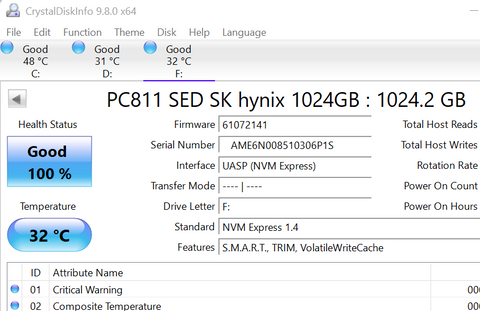 1TB SK hynix PC811 NVMe SSD PCIe Gen4 x4 M.2 2280 High Speed 1024GB 100% Health image 0